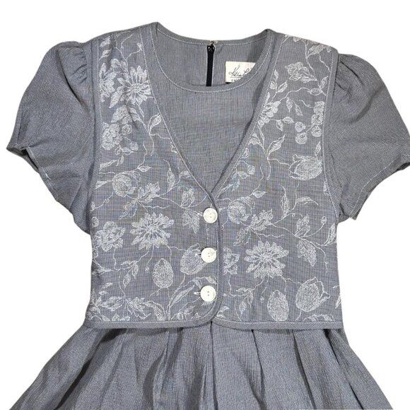 Vintage Gray and White Gingham Floral Lace Buttoned Faux Two Piece Dress Size 12 - Picture 3 of 6